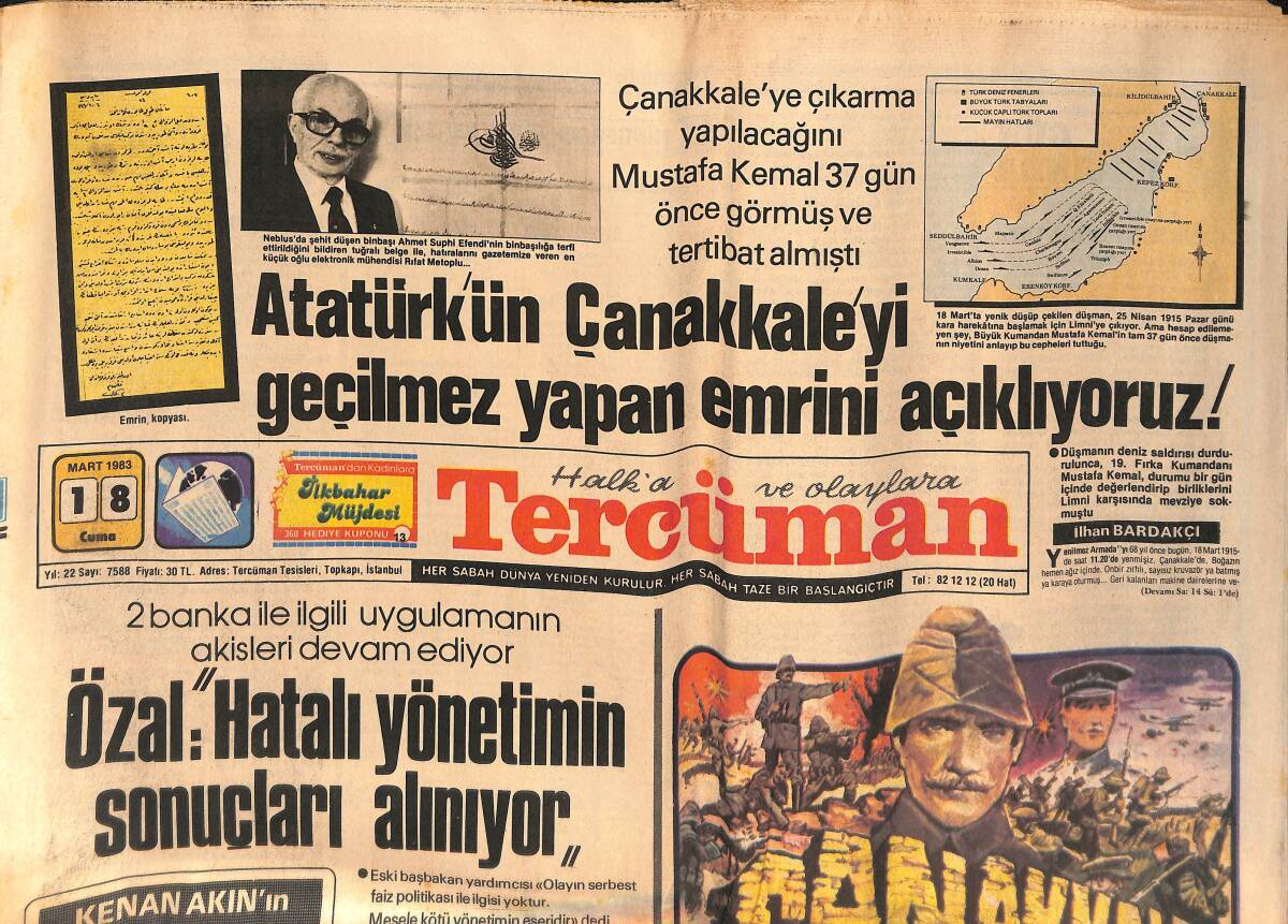Tercüman Gazetesi 18 Mart 1983 - 68. Yıl Çanakkale Zaferi Törenlerle Kutlanıyor - Özal: 2 Bankada Hatalı Yönetildiği İçin Bu Durumda GZ132347 - 1