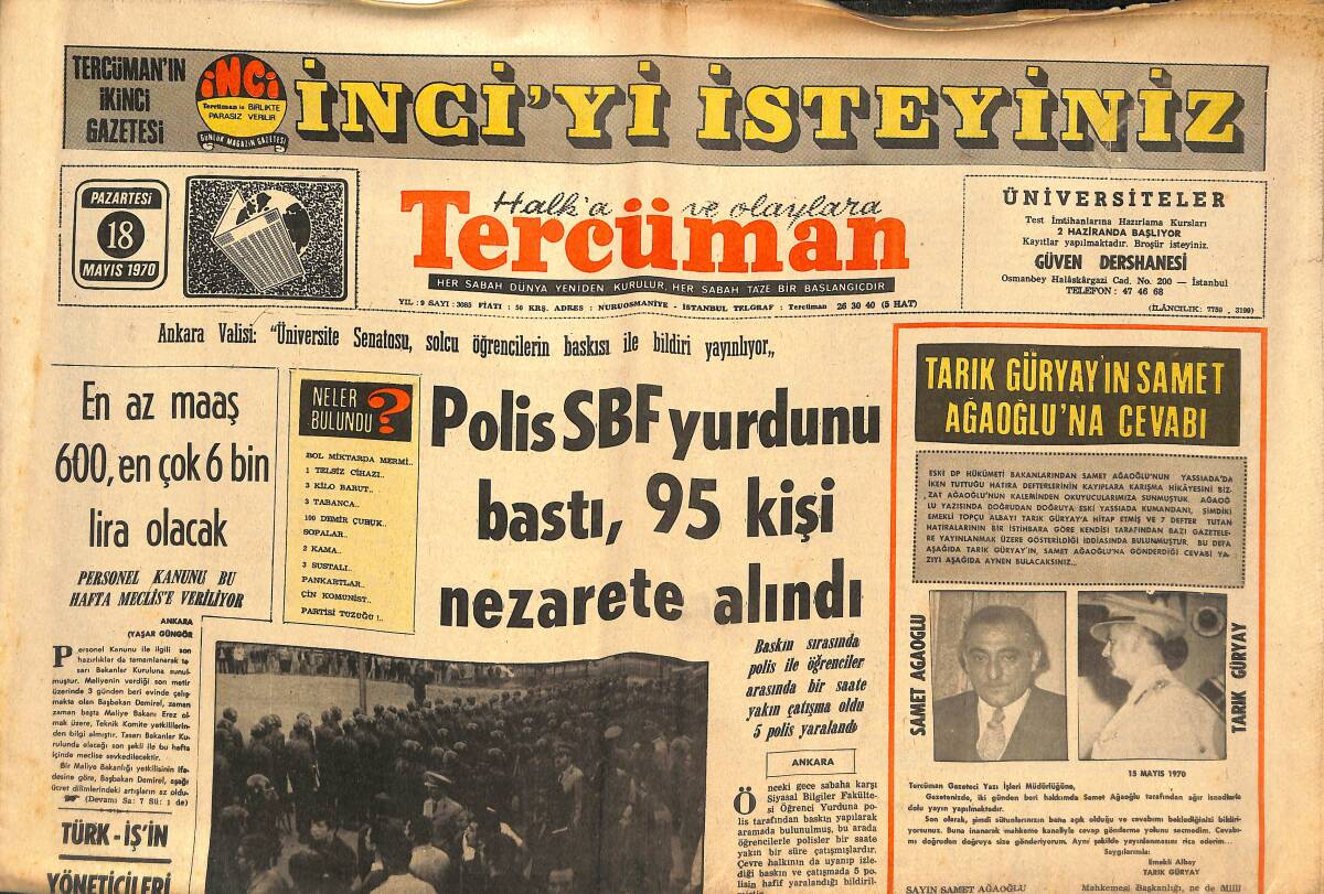 Tercüman Gazetesi 18 Mayıs 1970 - THY Genel Müdürü Görevinden Alınmamış - Polis SBF Yurdunu Bastı , 95 Kişi Nezarete Alındı GZ134121 - 1