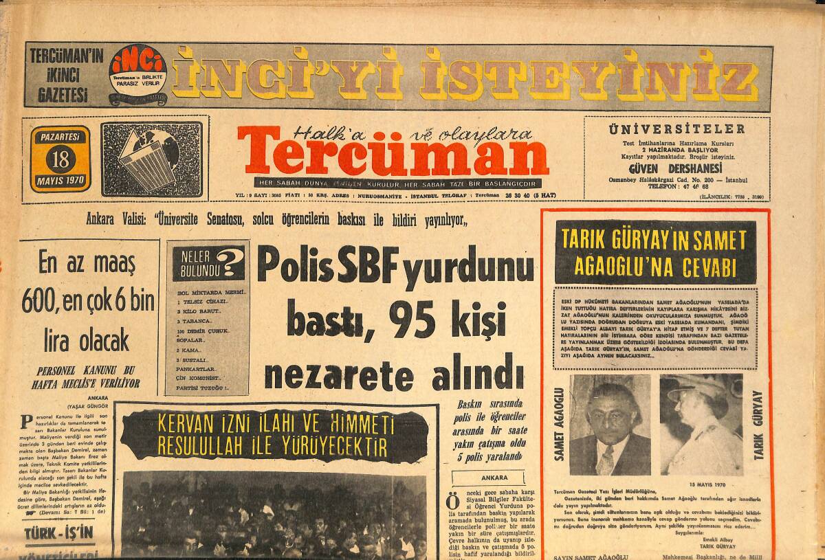 Tercüman Gazetesi 18 Mayıs 1970 - THY Genel Müdürü Görevinden Alınmamış - Polis SBF Yurdunu Bastı , 95 Kişi Nezarete Alındı GZ145425 - 1