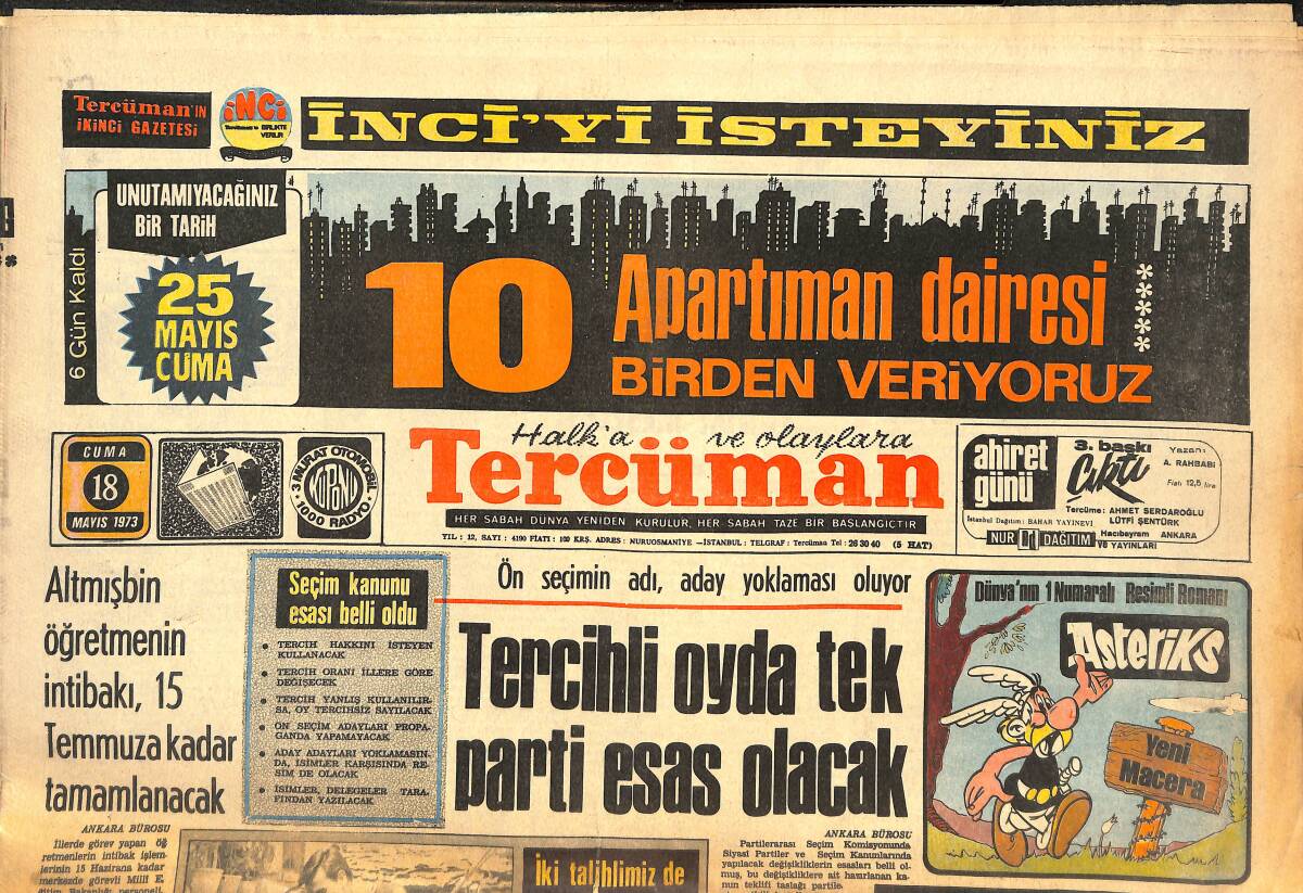 Tercüman Gazetesi 18 Mayıs 1973 - Ekmeğe Normal Ölçüde Zam Yapılacak - Tercihli Oyda Tek Parti Esas Olacak GZ144219 - 1