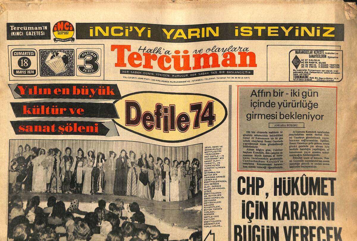 Tercüman Gazetesi 18 Mayıs 1974 - CHP Hükümet İçin Kararını Bugün Verecek - Büyük Kupa Bayern München'in GZ141804 - 1