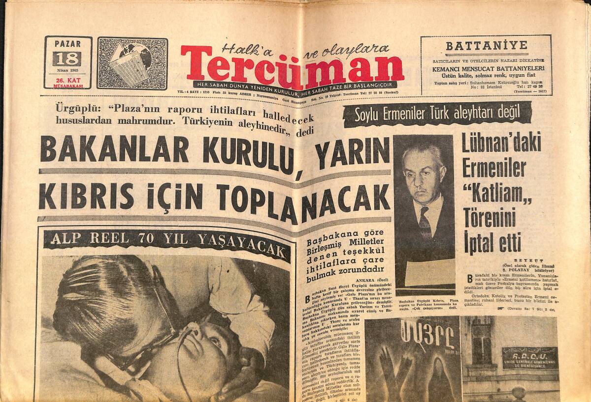Tercüman Gazetesi 18 Nisan 1965 - Alp Reel 70 Yıl Yaşayacak - Peygamberimizin Gördüğü Rüyalar - Dünya İslam Konferansı Başladı GZ140441 - 1