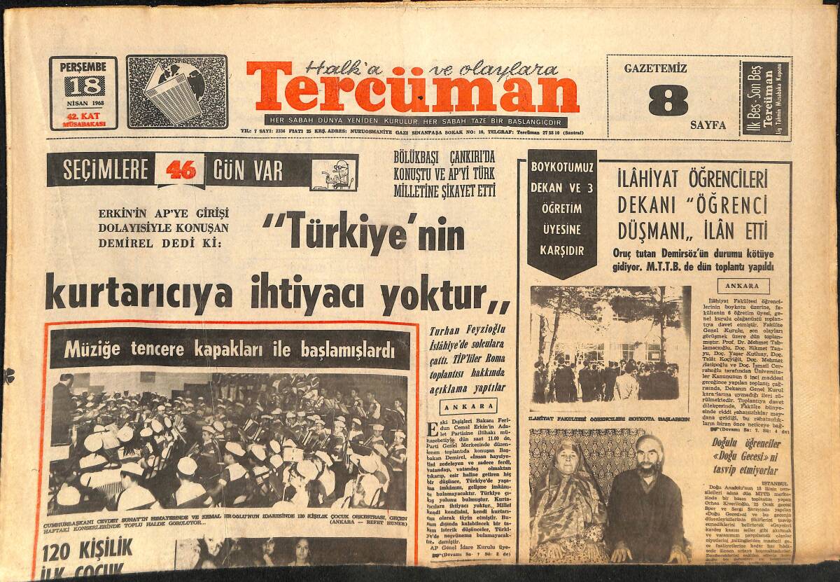 Tercüman Gazetesi 18 Nisan 1968 - Türkiye'nin Kurtarıcıya İhtiyacı Yoktur - Vefa'lılar Şike Konusunda S. Demirel'e Telgraf Çekti GZ145690 - 1