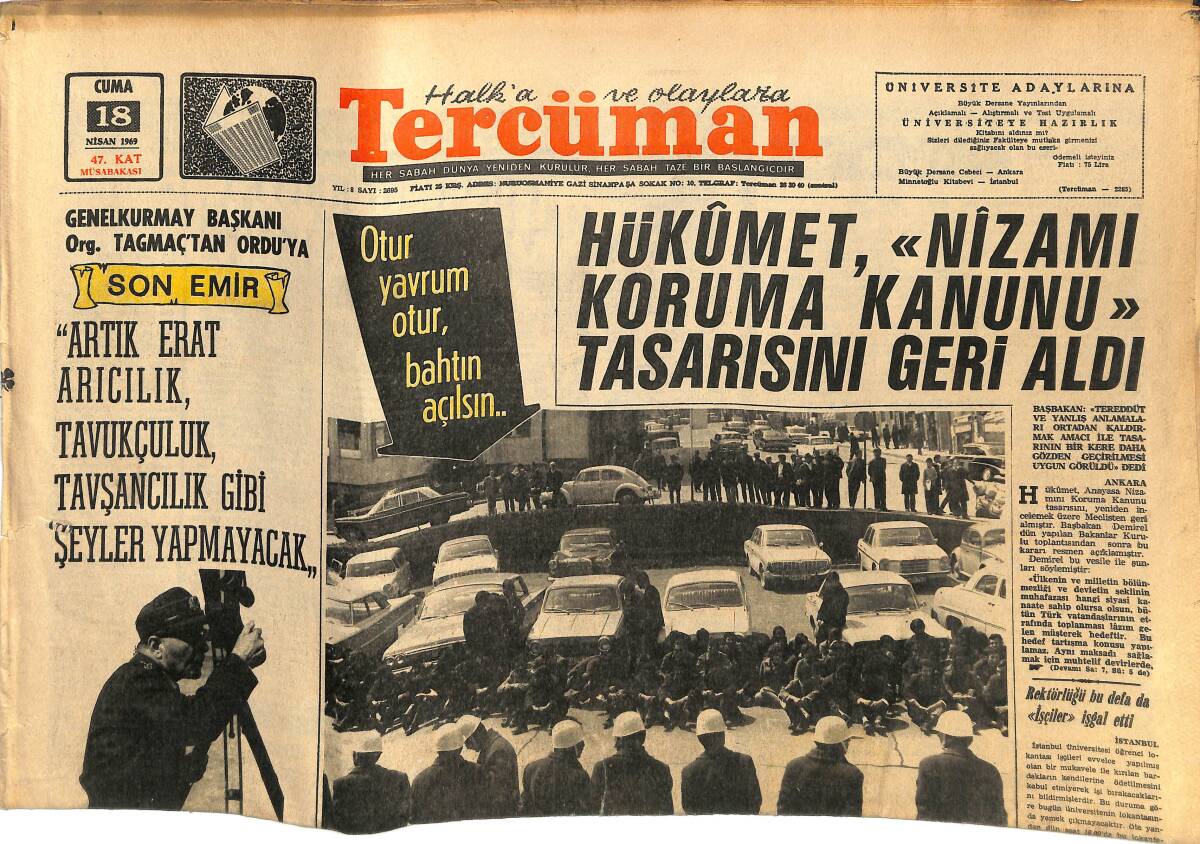 Tercüman Gazetesi 18 Nisan 1969 - Hal Ve Demirciler Çarşısı Zeytinburnu'na Naklediliyor - Kurdaş , Anarşist Gruplarla Mücadele İstedi GZ145136 - 1