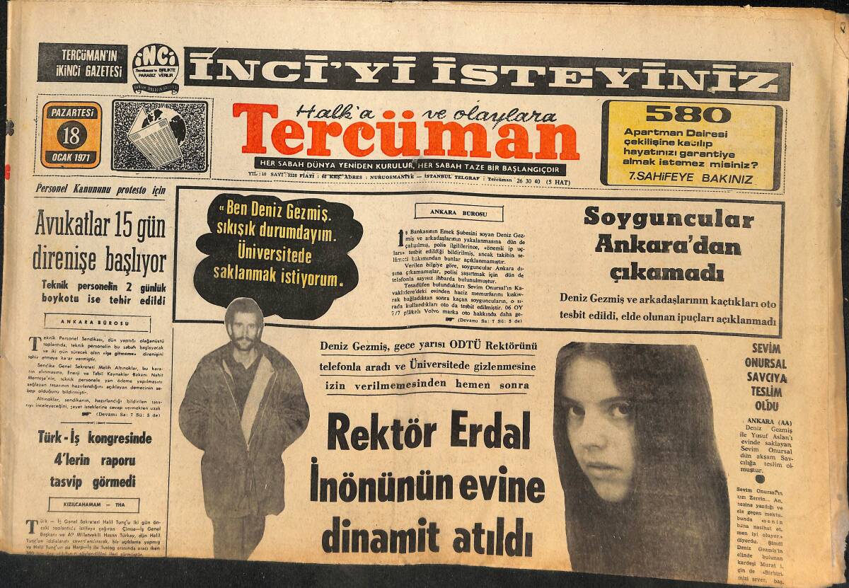 Tercüman Gazetesi 18 Ocak 1971 - Rektör Erdal İnönü'nün Evine Dinamit Atıldı - Yüksek Öğretmen Okulu Mescidi Bombalandı! GZ145983 - 1