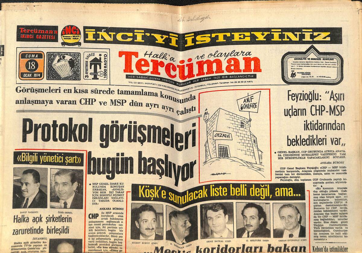 Tercüman Gazetesi 18 Ocak 1974 - Protokol Görüşmeleri Bugün Başlıyor - Libya-Tunus Birliği Tehlikede GZ144484 - 1