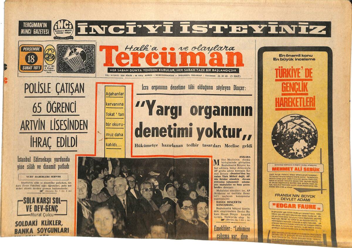 Tercüman Gazetesi 18 Şubat 1971 - İstanbul Edirnekapı Yurdunda Yine Silah Ve Dinamit Patladı - Balıkesir'de Hatıra Gece Yaşandı GZ144645 - 1