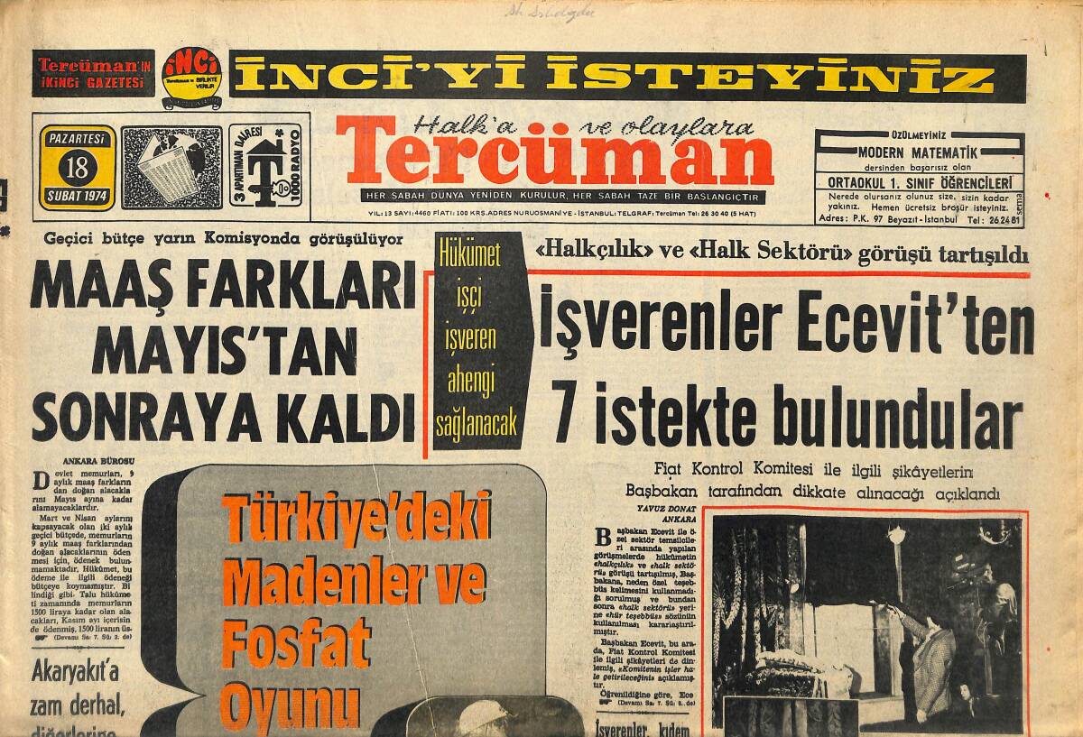Tercüman Gazetesi 18 Şubat 1974 - Beyaz Saray Üzerinde Uçan Bir Helikopter Düşürüldü - 1974'ün Büyük Ekonomik Meseleleri GZ145900 - 1
