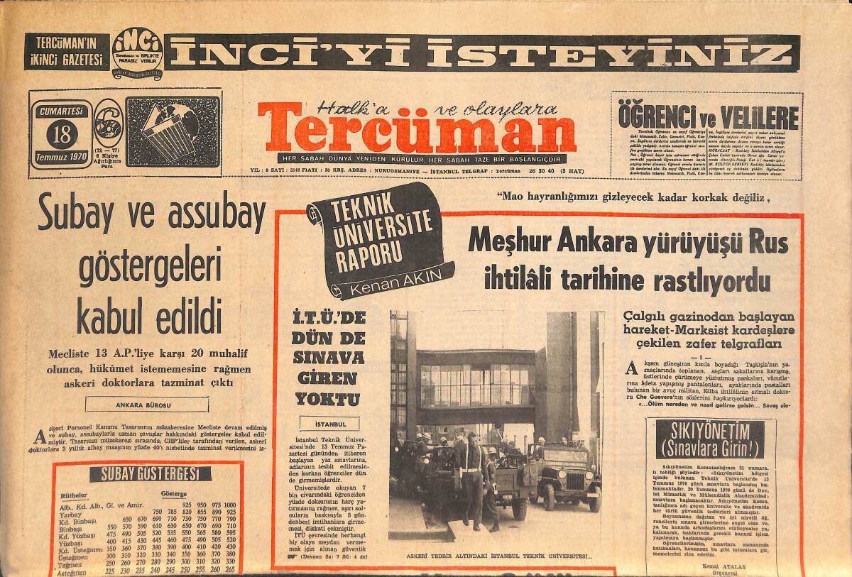 Tercüman Gazetesi 18 Temmuz 1970 - Meşhur Ankara Yürüyüşü Rus İhtilali Tarihine Rastlıyordu - Yeni Vergilerin Tümü Senatoda Kabul Edildi! GZ146099 - 1
