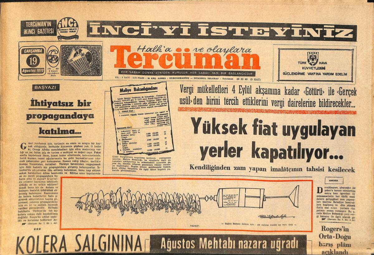 Tercüman Gazetesi 19 Ağustos 1970 - Kolera Salgınına Kapılarımız Kapalı - Futbol Yazılıyor GZ145437 - 1