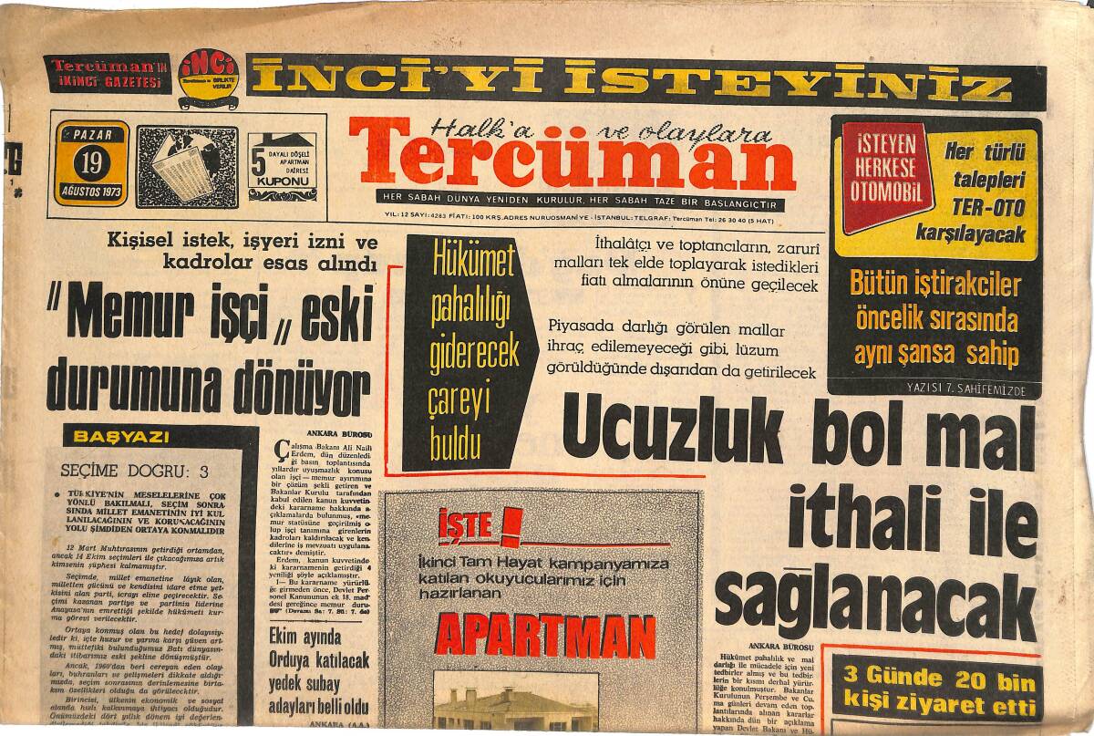 Tercüman Gazetesi 19 Ağustos 1973 - Beyin Sarsıntısı Geçiren Necmi İyileşiyor - Ucuzluk Bol Mal İthali Sağlanacak GZ144984 - 1