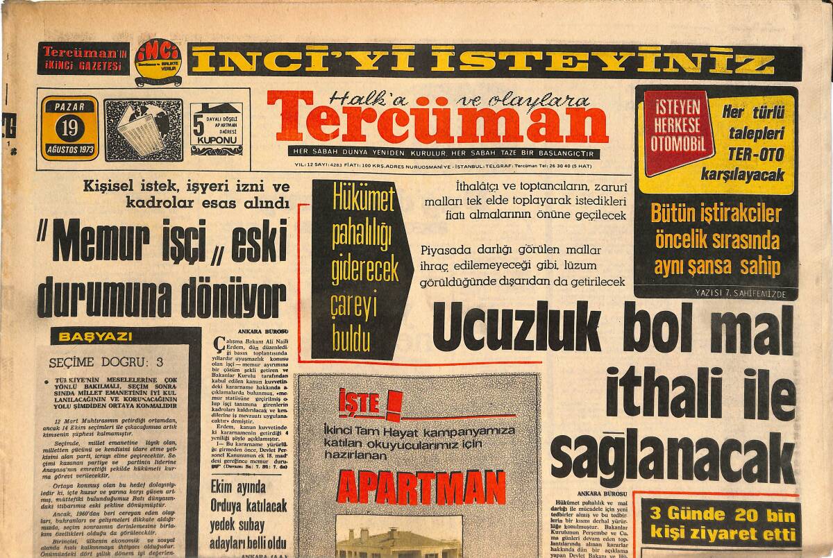 Tercüman Gazetesi 19 Ağustos 1973 - Hacı Bektaş-ı Veli Şenlikleri Sona Erdi! - Cruffy'nin Transferi İçin Parlamenterler Faaliyete Geçtiler! GZ144982 - 1