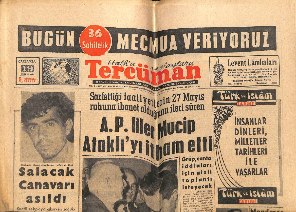 Tercüman Gazetesi 19 Aralık 1962 - Salacak Canavarı Asıldı - Menderes Ve Zorlu Yargılandı GZ143095 - 1