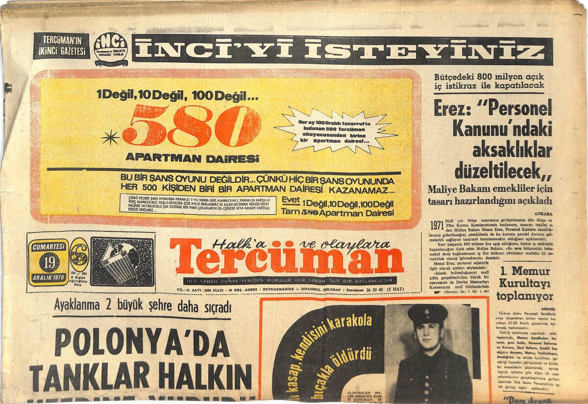 Tercüman Gazetesi 19 Aralık 1970 - Polonya'da Tanklar Halkın Üstüne Yürüdü - Lider Giresun Ali Sami Yen'de Galata Önünde GZ144615 - 1