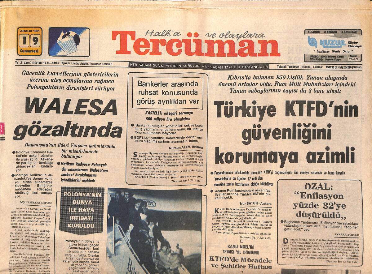 Tercüman Gazetesi 19 Aralık 1981 - Walesa Gözaltında - Ecevit Cezaevinden Getirilip Yargılandı GZ147175 - 1