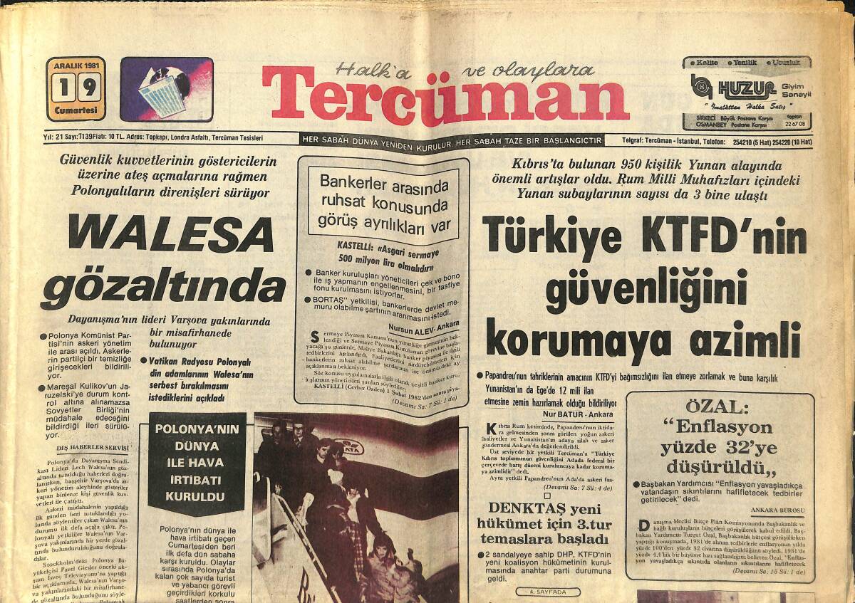 Tercüman Gazetesi 19 Aralık 1981 - Waleta Gözaltında - İngiliz Rolls Royce'lerine Türk Yapımı Direksiyon Takılacak GZ147809 - 1