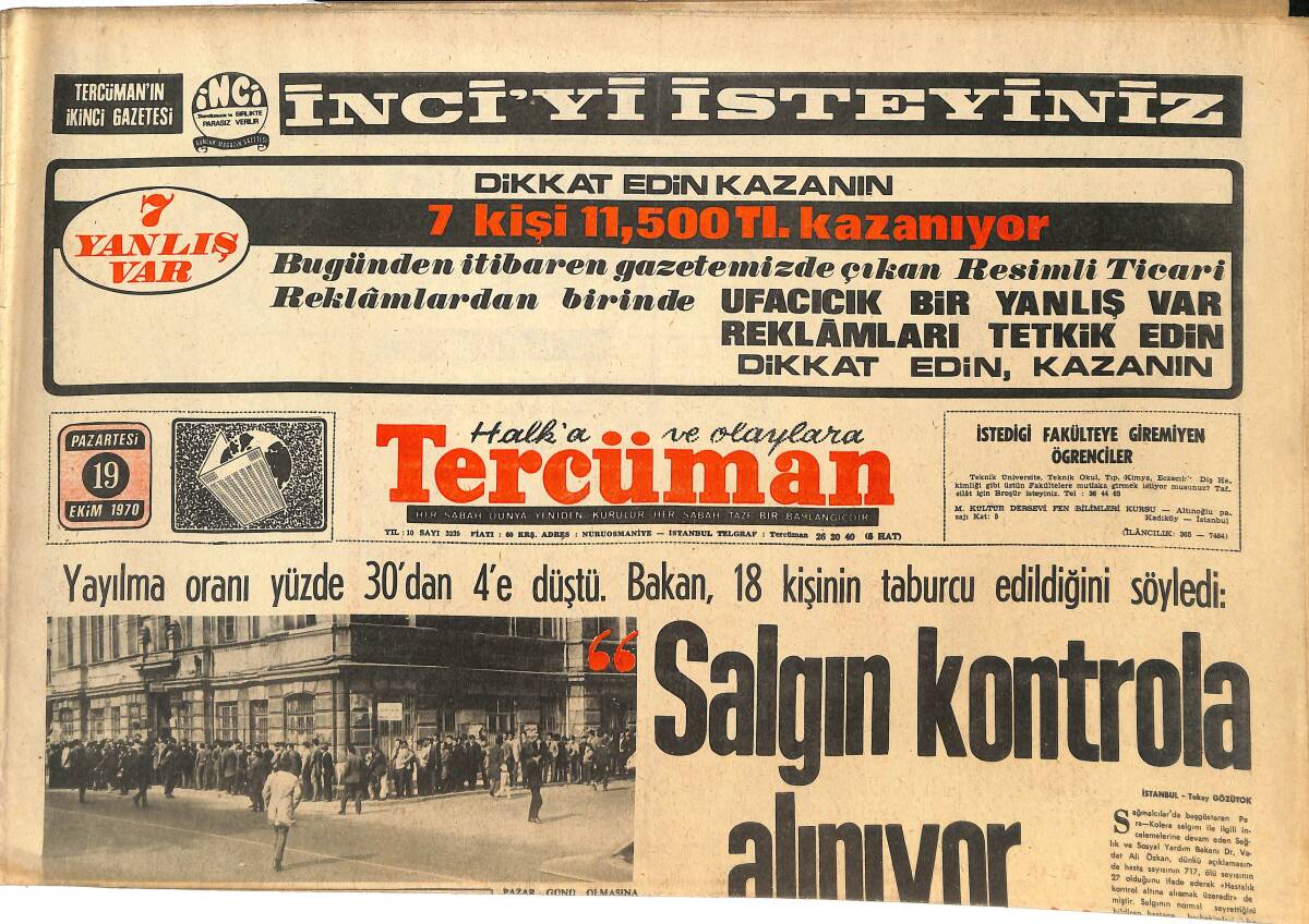 Tercüman Gazetesi 19 Ekim 1970 - İnönü , Satır'ın İhracını İkna Etti - Salgın Kontrola Alınıyor GZ145085 - 1