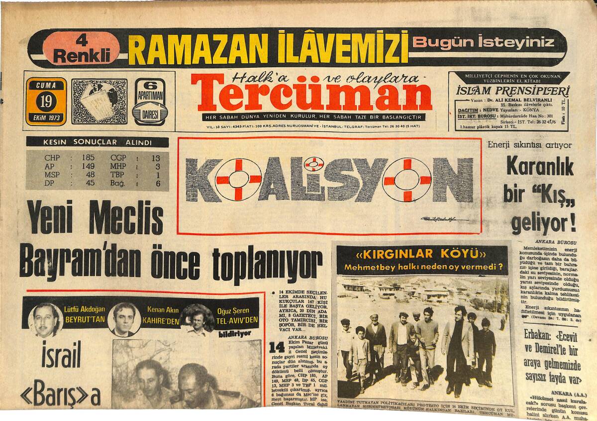Tercüman Gazetesi 19 Ekim 1973 - Sina'da Büyük Bir Tank Savaşı Başladı! - Alf Ramsey Yuhalandı - Avrupa'da Defans Futbolu Kalmadı GZ144737 - 1