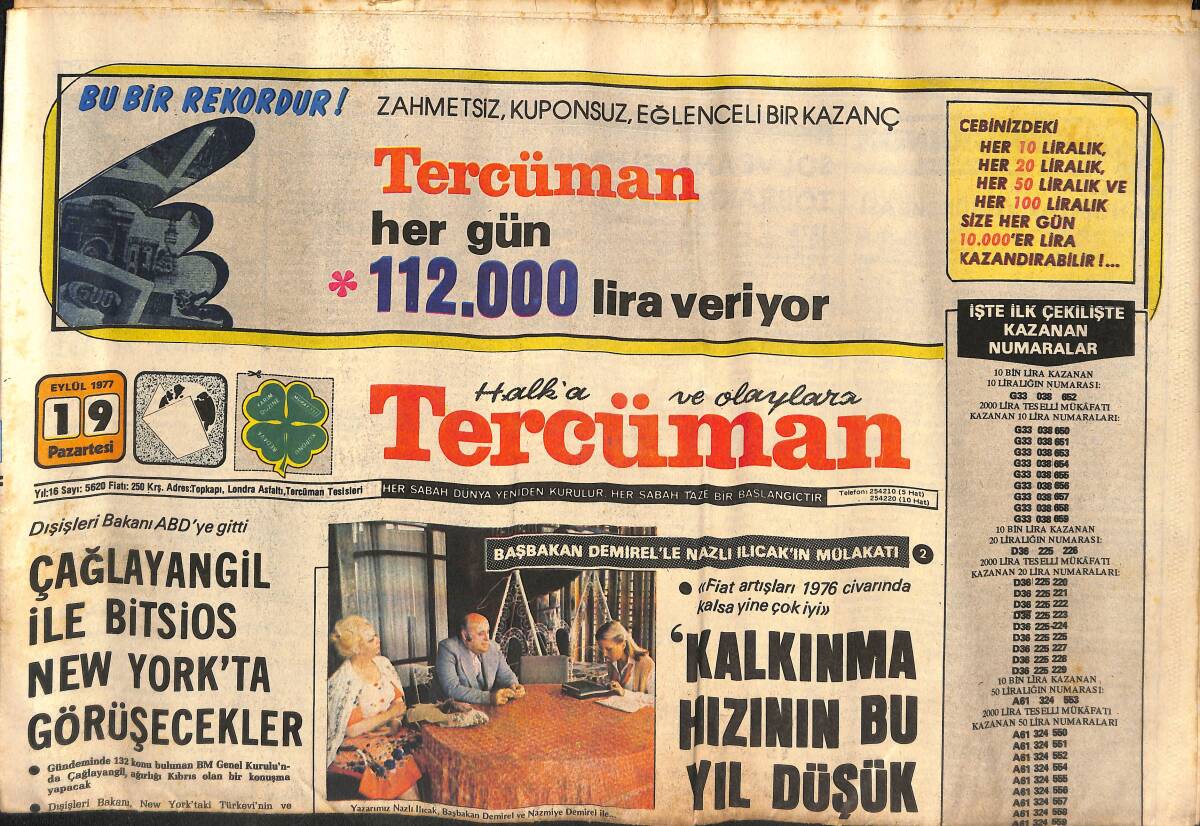 Tercüman Gazetesi 19 Eylül 1977 - Çağlayangil İle Bitsios New York'ta Görüşecekler GZ134176 - 1