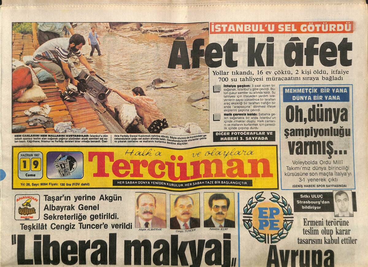 Tercüman Gazetesi 19 Haziran 1987 - Bayezıt'ta Kara Tabut - Kastelli Tertemiz - İstanbul'u Sel Götürdü GZ150257 - 1
