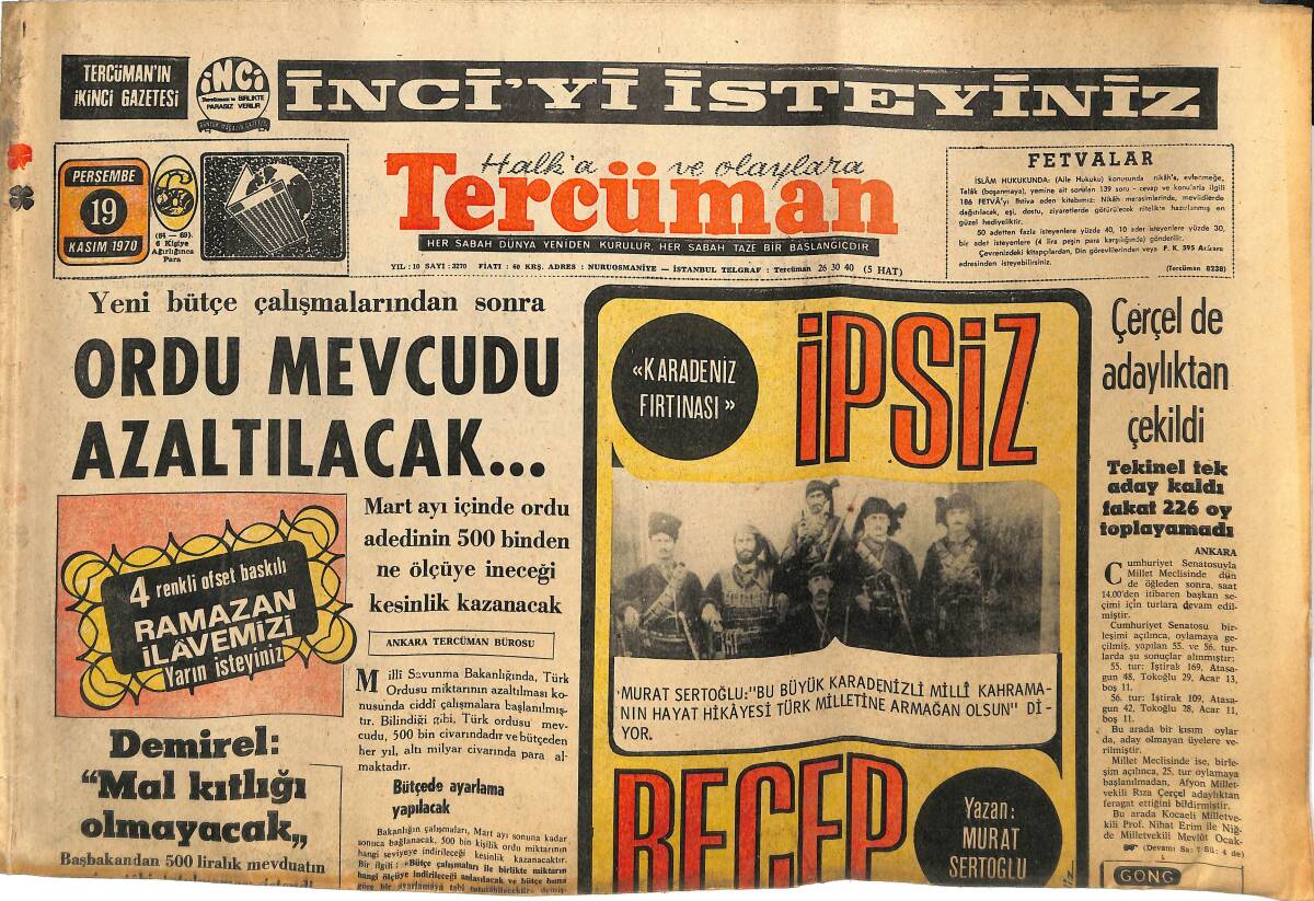 Tercüman Gazetesi 19 Kasım 1970 - Fenerbahçe Dargınlar Tekkesi Haline Geldi - Kasırga Bölgesinde Kolera Başladı GZ145265 - 1