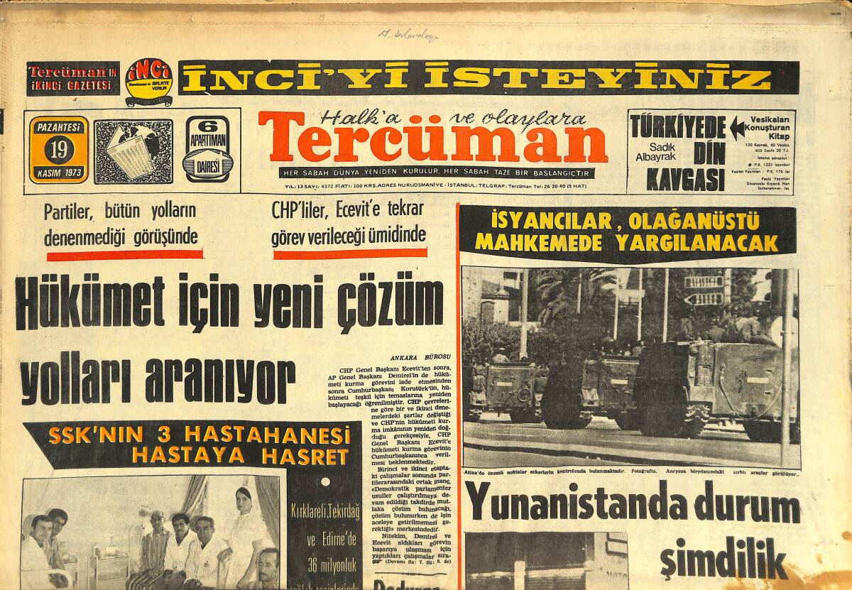 Tercüman Gazetesi 19 Kasım 1974 - SSK'nın 3 Hastanesi Hastaya Hasret - İzmir Atatürk Stadında İsviçre İle Yaptığımız Maçı Kazandık GZ144558 - 1