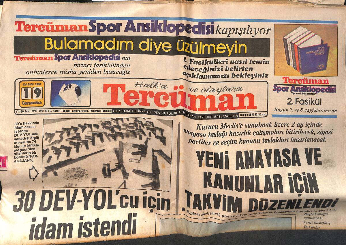 Tercüman Gazetesi 19 Kasım 1980 - Yeni Anayasa Ve Kanunlar İçin Takvim Düzenlendi - Efes Pilsen'in Rakipleri Çok Güçlü GZ134567 - 1