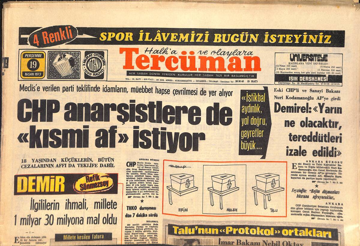 Tercüman Gazetesi 19 Mayıs 1973 - CHP Anarşistlere De Kısmi AF İstiyor - İşgal Edilen Bir Köyde Kızılderililer FBİ Helikopterine Yaylım Ateşi Açtı GZ145648 - 1