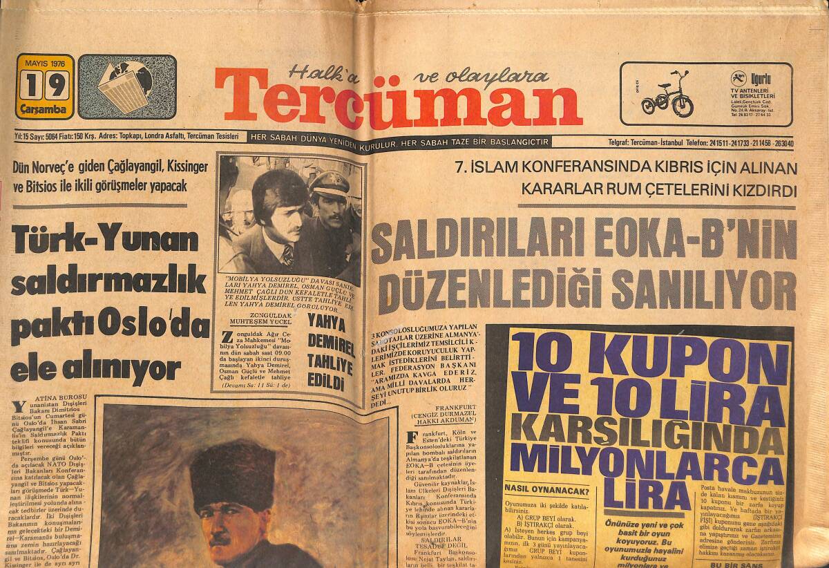 Tercüman Gazetesi 19 Mayıs 1976 - Denktaş , Alman Dışişleri Bakanı İle Görüştü - Türk-yunan Saldırmazlık Paktı Oslo'da Ele Alınıyor GZ134130 - 1