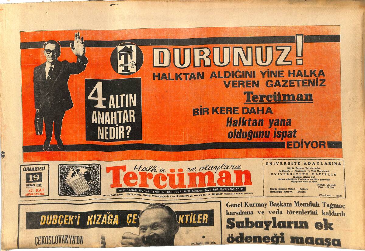 Tercüman Gazetesi 19 Nisan 1969 - Hamburg Sosyetesini Bir Türk Kızı Süslüyor - Dubçek'i Kızağa Çektiler GZ145137 - 1