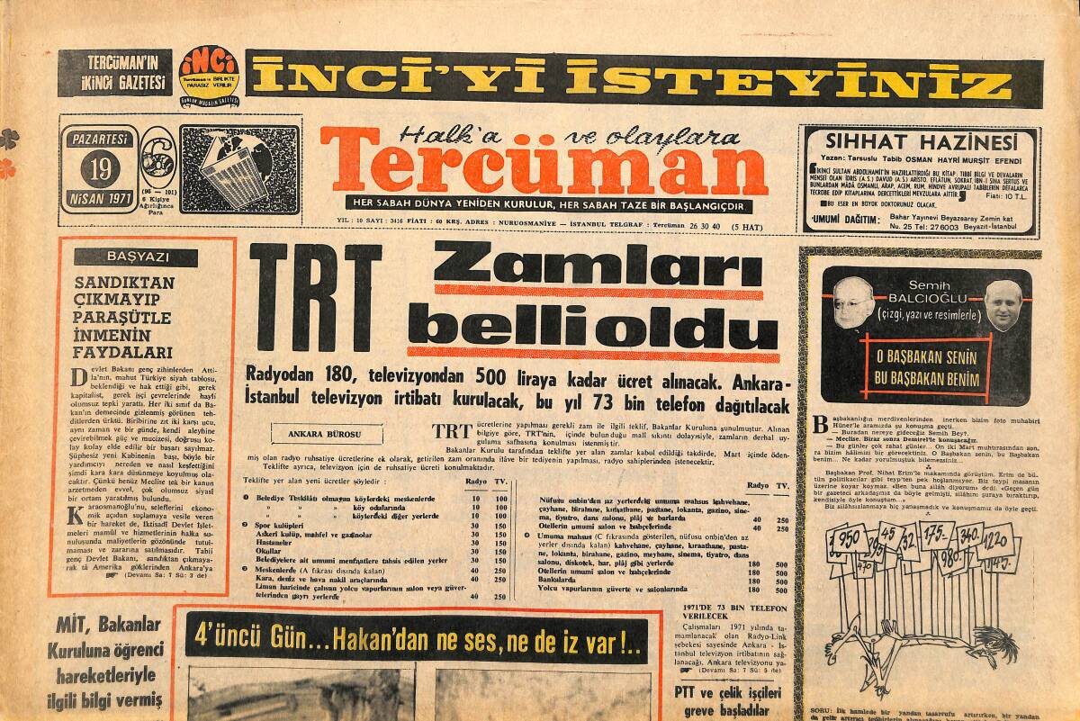 Tercüman Gazetesi 19 Nisan 1971 - TRT Zamları Belli Oldu - Duman Ailesine Devamlı Olarak Şaka Telefonları Ediliyor GZ141967 - 1