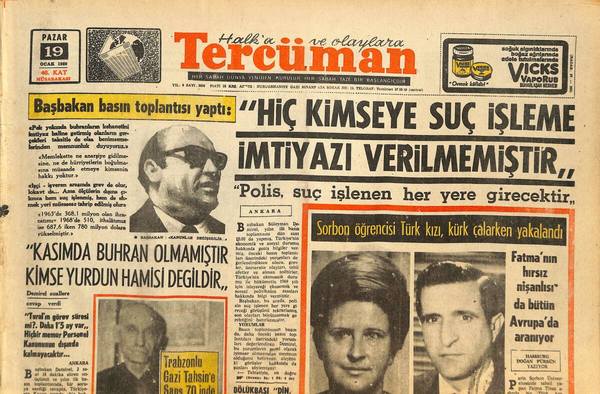 Tercüman Gazetesi 19 Ocak 1969 - Zeki Müren Ölümle Tehdit Edildi - Galatasaray'da Selahattin Beyazıt Başkan GZ146394 - 1