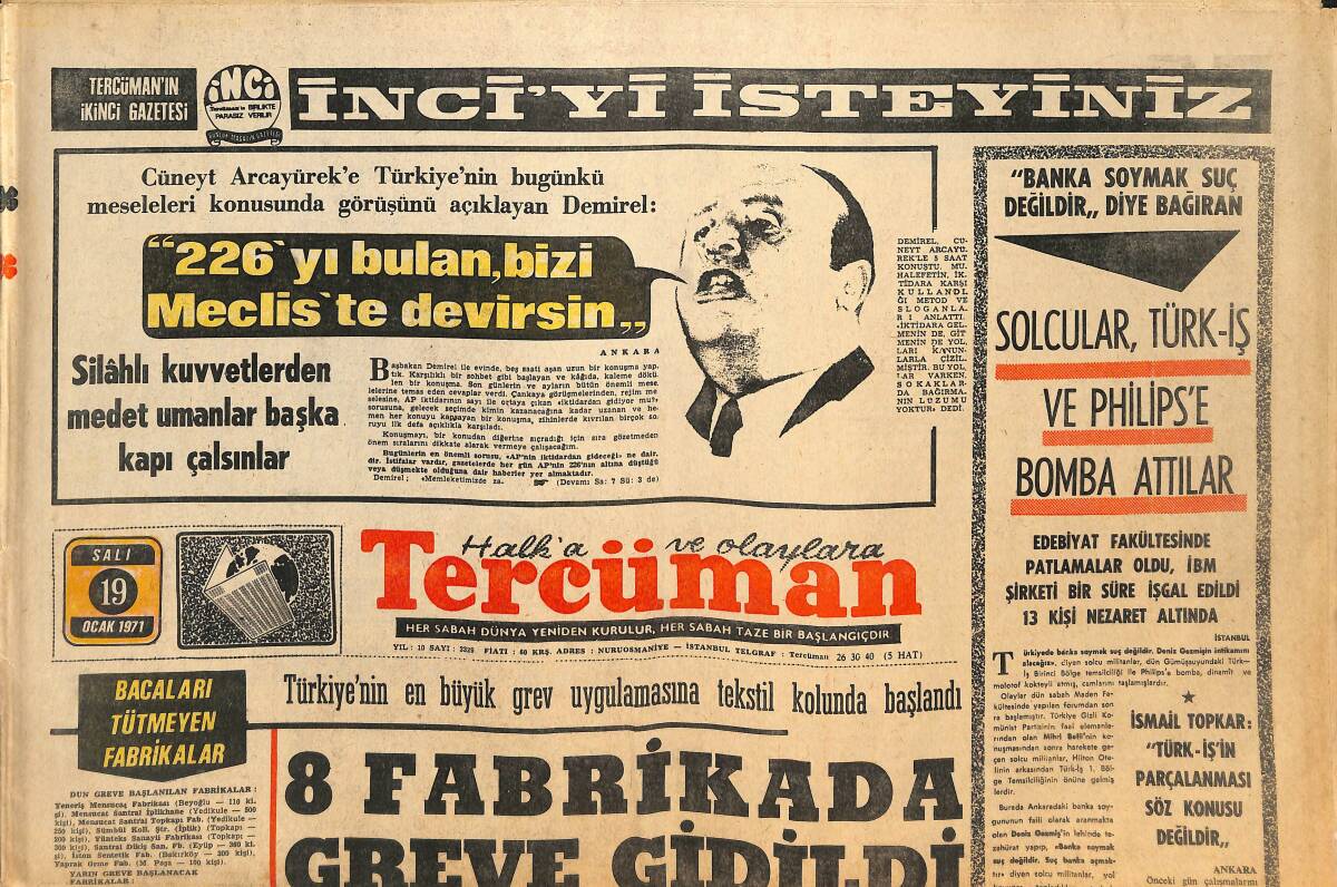 Tercüman Gazetesi 19 Ocak 1971 - 8 Fabrikada Greve Gidildi! - Vali Meydanoğlu Samsuna Yardım Edeceğini Açıkladı! GZ145984 - 1