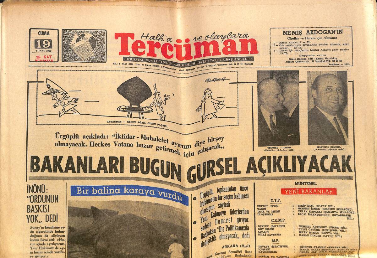 Tercüman Gazetesi 19 Şubat 1965 - İnönü: Ordunun Baskısı Yok Dedi - Stanley Mathews Hayatını Anlatıyor - Meydan Dayağı Atılan Ülke: Malezya GZ140449 - 1