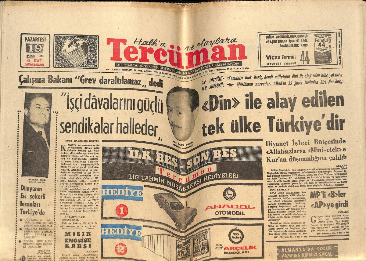 Tercüman Gazetesi 19 Şubat 1968 - Muhafızsız Gezen Kadın Şöhret Yok: Hülya Koçyiğit, Göksel Arsoy GZ148972 - 1