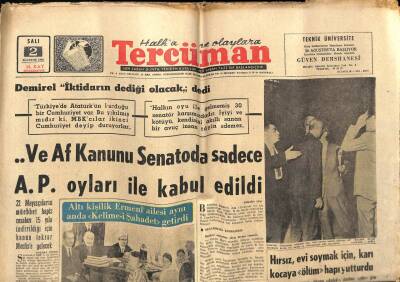 Tercüman Gazetesi 2 Ağustos 1966 - Ve Af Kanunu Senatoda Sadece A.P Oyları İle Kabul Edildi GZ54047 - 1