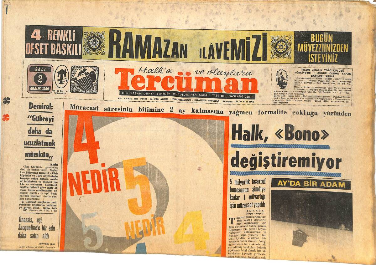 Tercüman Gazetesi 2 Ağustos 1969 - Ay'da Bir Adam - Beşiktaş Ayağa Kalktı - Onassis, Eşi Jacqueline'e Bir Ada Daha Aldı GZ144621 - 1