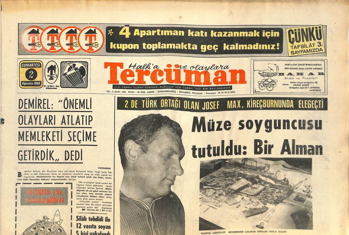 Tercüman Gazetesi 2 Ağustos 1969 - İki De Türk Ortağı Olan Josef Max, Kireçburnu'nda Yakalandı - 