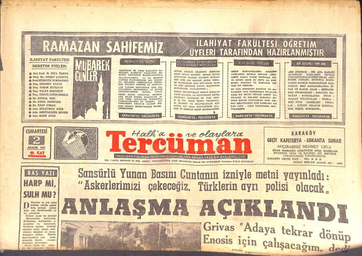 Tercüman Gazetesi 2 Aralık 1967 - İnönü Dün Güçlü Kuvvetliyim Yarış Bile Yaparım Dedi - Altınordu Basketbol Takımı Spartak'a Hazırlanıyor! GZ144407 - 1