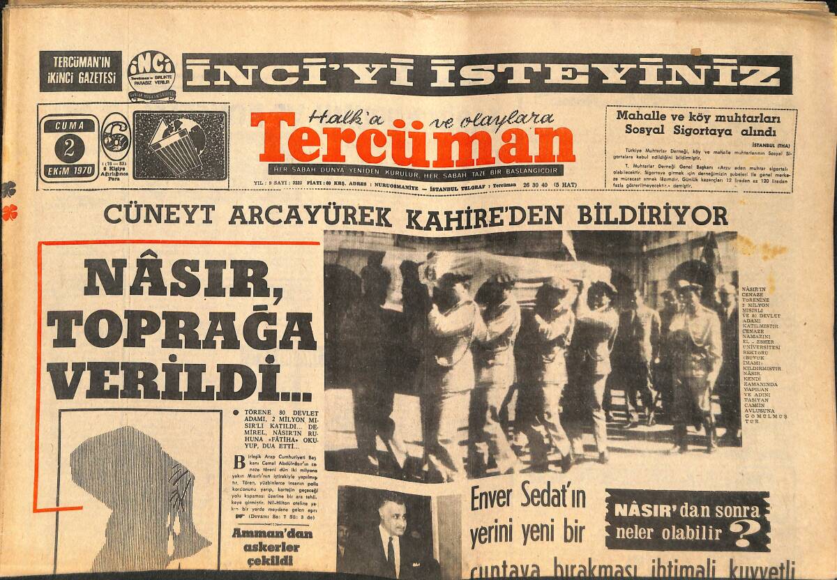 Tercüman Gazetesi 2 Ekim 1970 - Nasır, Toprağa Verildi - Menderes'le Nasır Arasındaki Bir İhtilafın iç Yüzü GZ141777 - 1