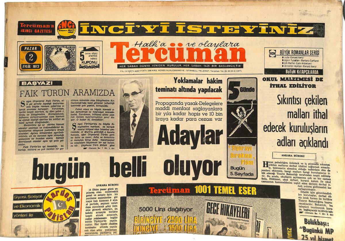 Tercüman Gazetesi 2 Eylül 1973 - Kolera'nın Yayılması Avrupa'da Panik Yarattı! - Misafir Yelkenciler Önce Zehirlendiler, Sonra Paraları Çalındı! GZ145016 - 1