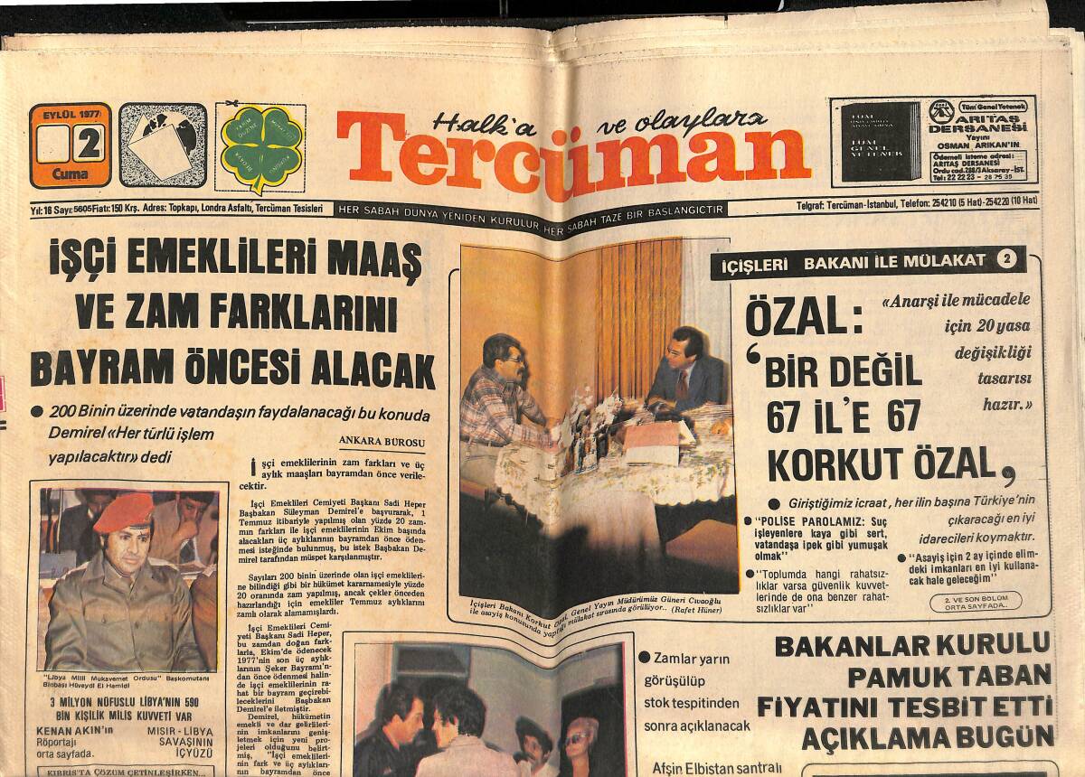 Tercüman Gazetesi 2 Eylül 1977 - Özal : ' Bir Değil 67 İl'e 67 Korkut Özal' GZ160332 - 1