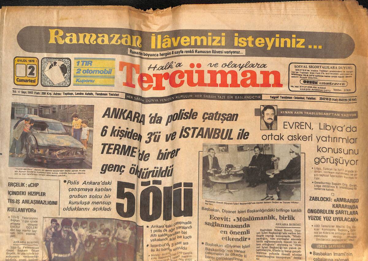 Tercüman Gazetesi 2 Eylül 1978 - Sakarya Cezaevinden 5 Mahkum Kaçtı - Fenerbahçe, Bursaspor'a Karşı - Formalara Reklam yasağı GZ133400 - 1