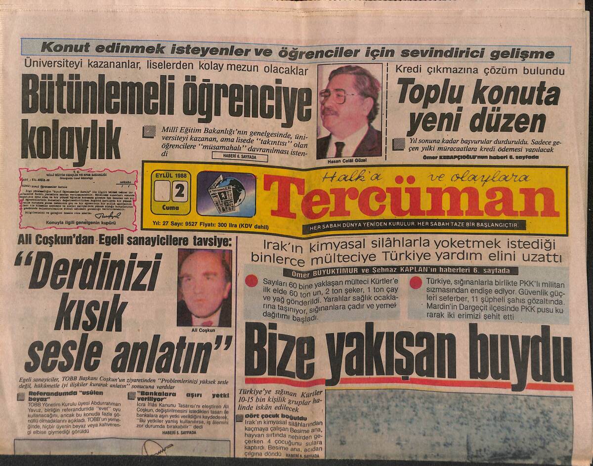 Tercüman Gazetesi 2 Eylül 1988 - Ali Coşkun'dan Egeli Sanayicilere Tavsiye - Toplu Konuta Yeni Düzen GZ149501 - 1