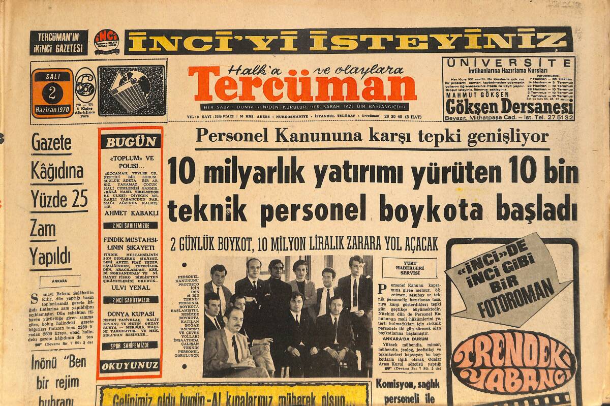 Tercüman Gazetesi 2 Haziran 1970 - Kurak Bölgelerin Halkı Yağmur Duasına Çıkıyor - Personel Kanununa Karşı Tepki Gösteriliyor GZ145431 - 1