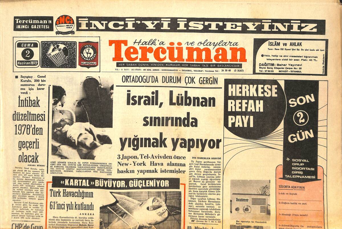 Tercüman Gazetesi 2 Haziran 1972 - İsrail , Lübnan Sınırında Yığınak Yapıyor - Türkiye Cimnastik Birincileri Seçildi GZ144202 - 1