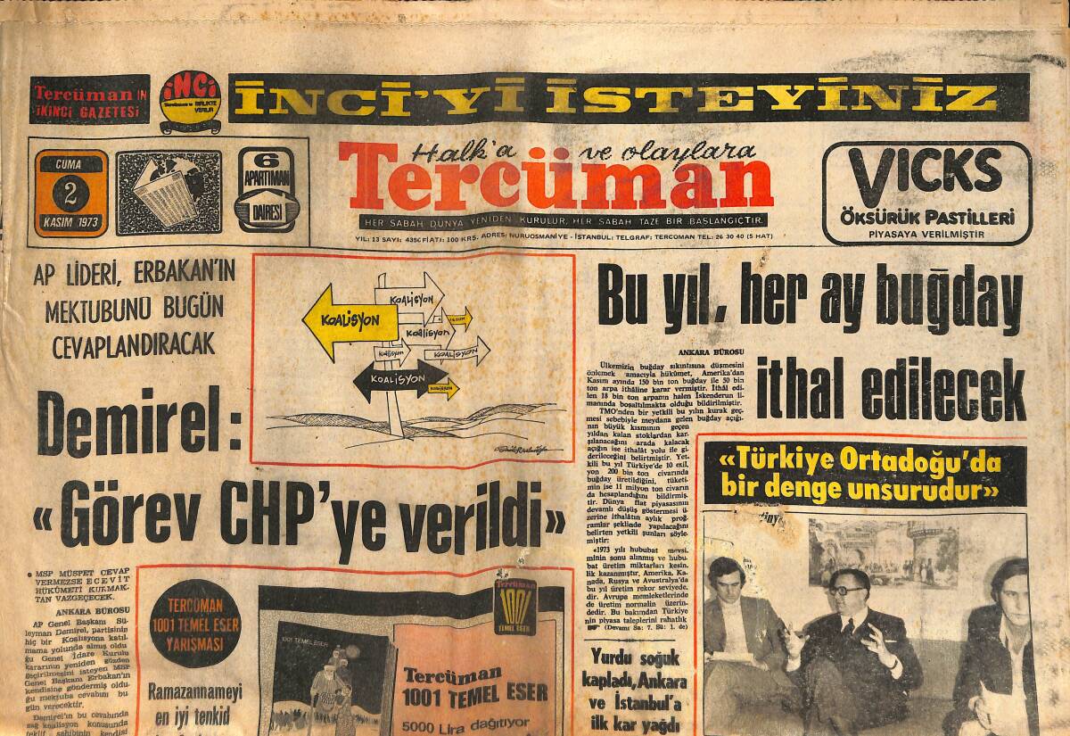 Tercüman Gazetesi 2 Kasım 1973 - Demirel, Görev CHP'ye Verildi - Başkan Polat Hakemlere Çıkıştı GZ134008 - 1