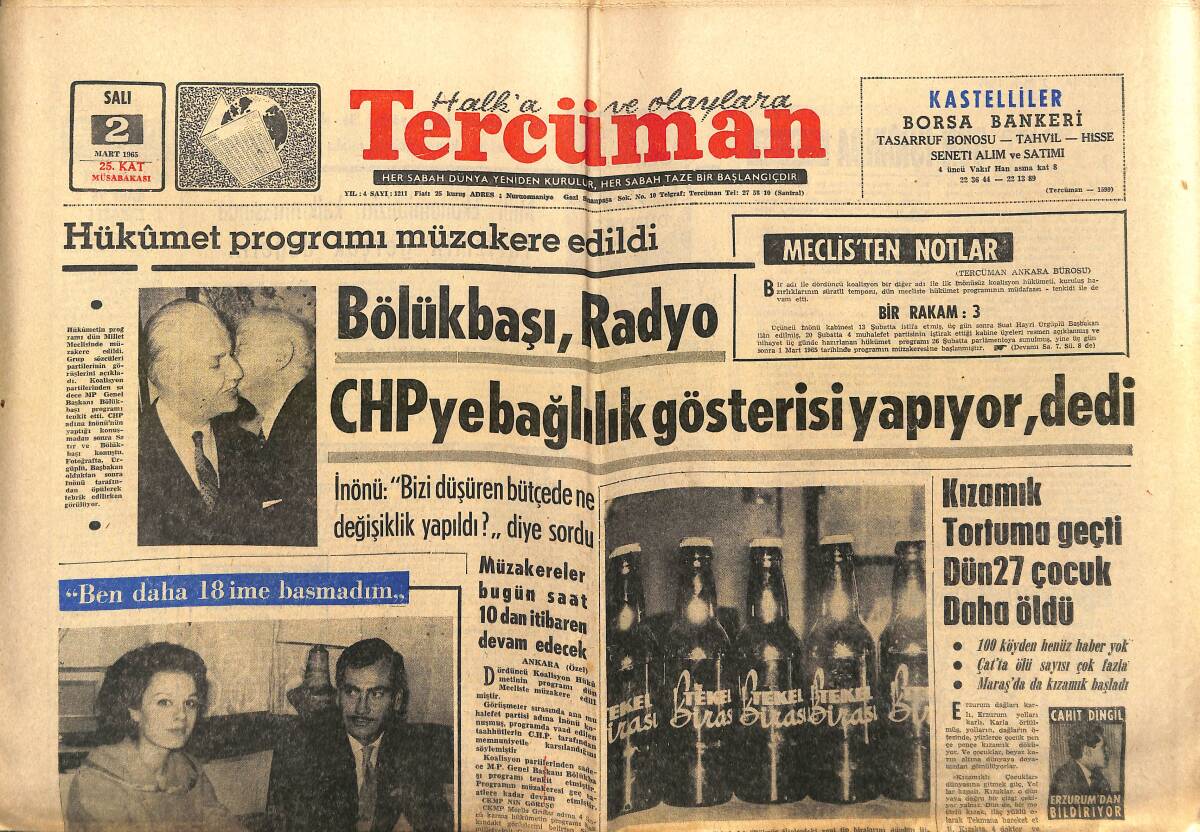 Tercüman Gazetesi 2 Mart 1965 - Hükümet Programı Müzakere Edildi - Mardin'de Şakiler Dün 500 Bin Liralık Soygun Yaptı! GZ140565 - 1