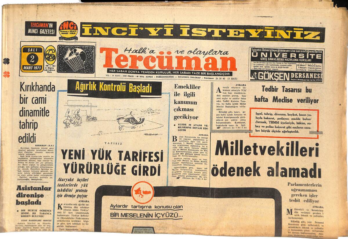 Tercüman Gazetesi 2 Mart 1971 - Yeni Yük Tarifesi Yürürlüğe Girdi - Milletvekilleri Ödenek Alamadı GZ144771 - 1
