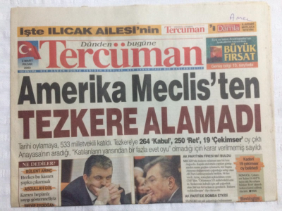 Tercüman Gazetesi 2 Mart 2003 - Amerika Meclisten Tezkere Alamadı, Türkan Şoray Açıkladı Seyircime İhanet Etmedim - GZ21170 - 1